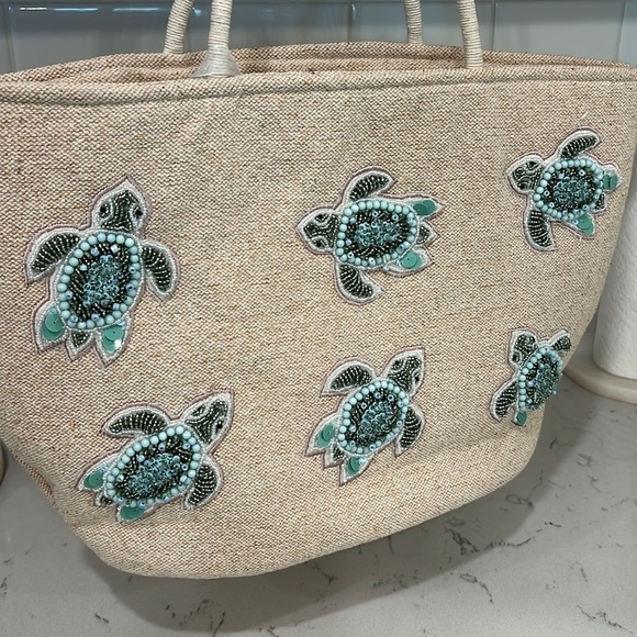 NWT Viral Tik Tok Beaded Sea Turtle Canvas Summer Beach Tote Bag Handcrafted - Picture 14 of 16